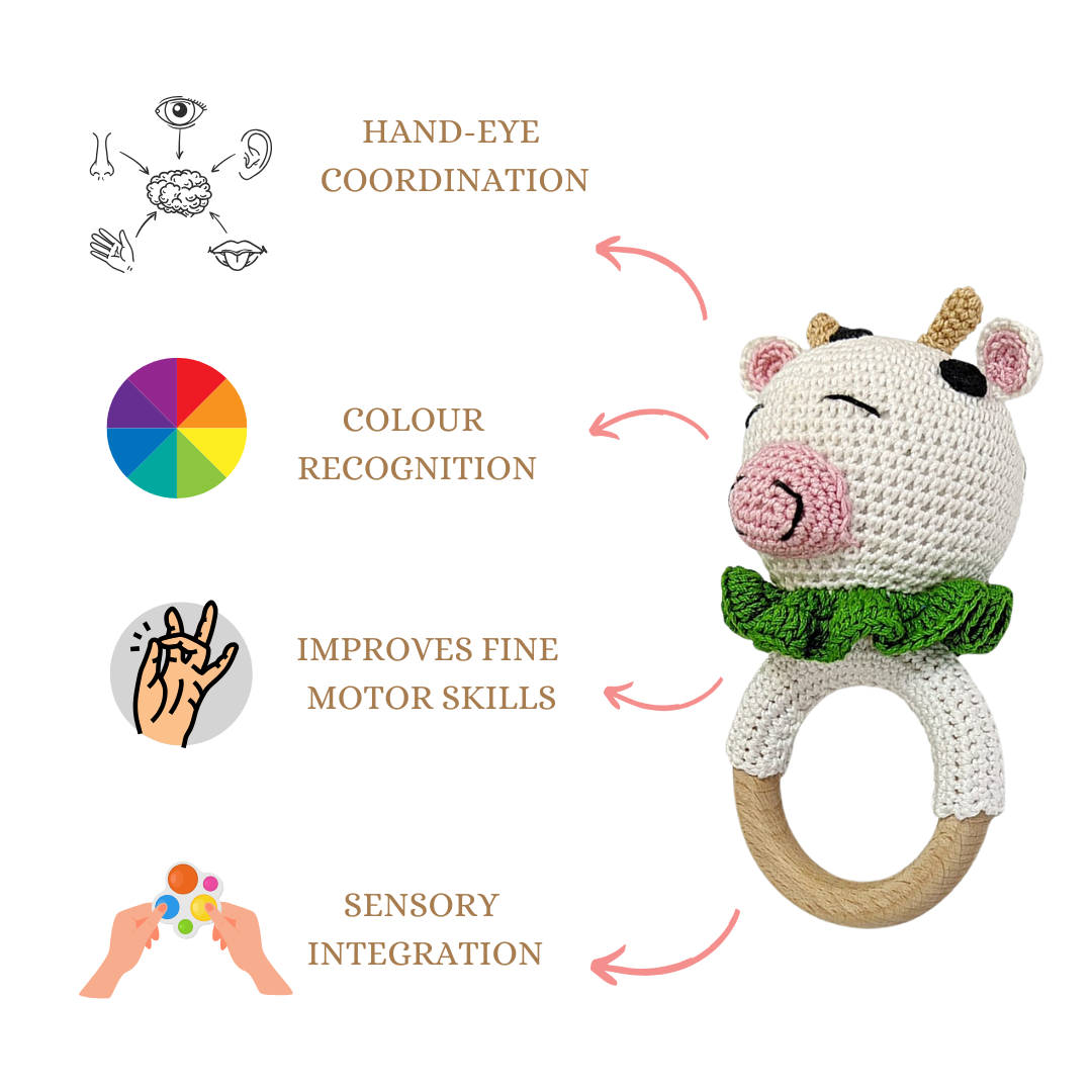 Happy Threads | Moo-Mates Cow Rattle – Handmade Farmyard Fun for Babies