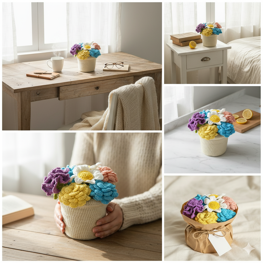 Happy Threads | Handcrafted Crochet Bloom Pot – Colorful Bouquet of Eternal Blossoms