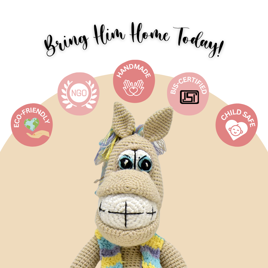 Happy Threads | Soft & Cuddly Crocheted Horse – Goofy the Handmade Toy