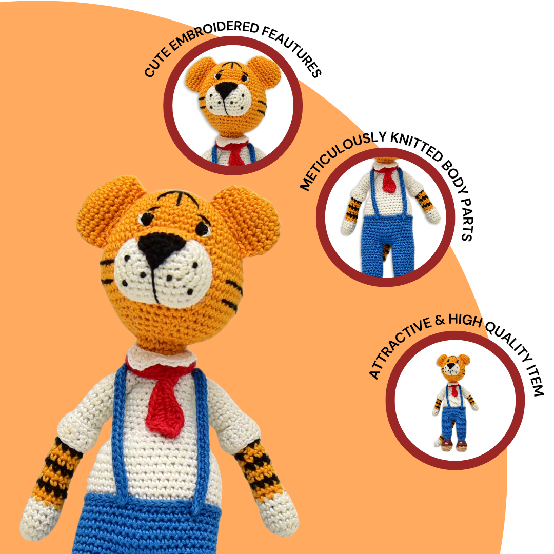 Happy Threads |Cuddly Handmade Rocky Tiger – Crochet Soft Toy for Kids & Collectors - Hunar Hatti