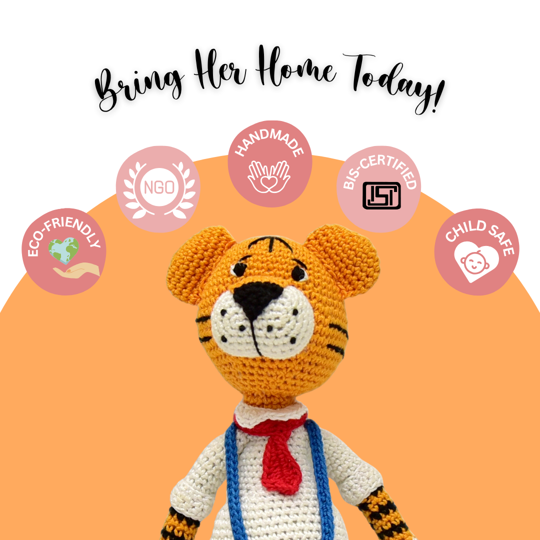 Happy Threads |Cuddly Handmade Rocky Tiger – Crochet Soft Toy for Kids & Collectors - Hunar Hatti