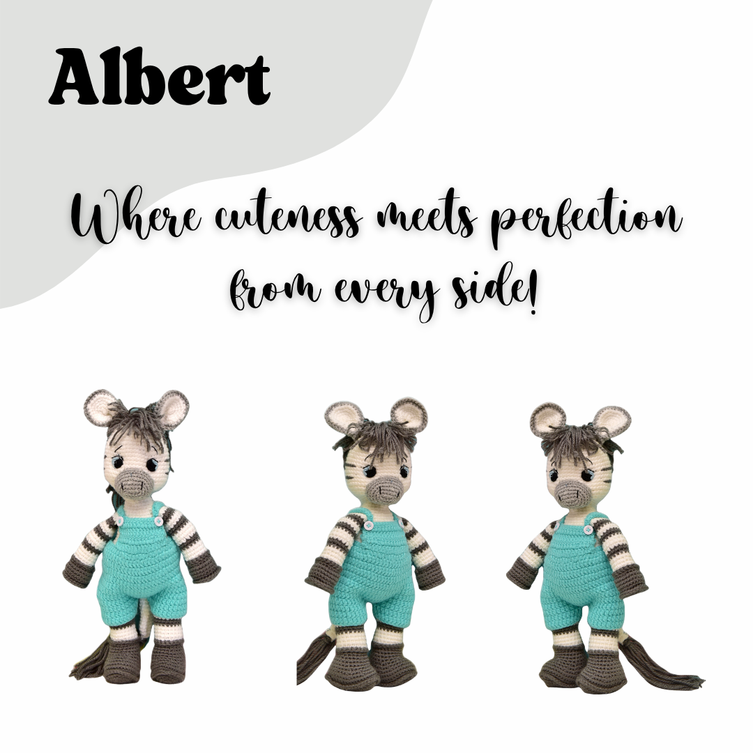 Happy Threads | Albert the Zebra – Handmade Crochet Plush Toy | Soft & Safe Cuddly Companion for Kids