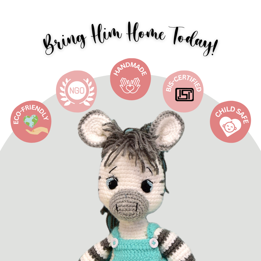 Happy Threads | Albert the Zebra – Handmade Crochet Plush Toy | Soft & Safe Cuddly Companion for Kids