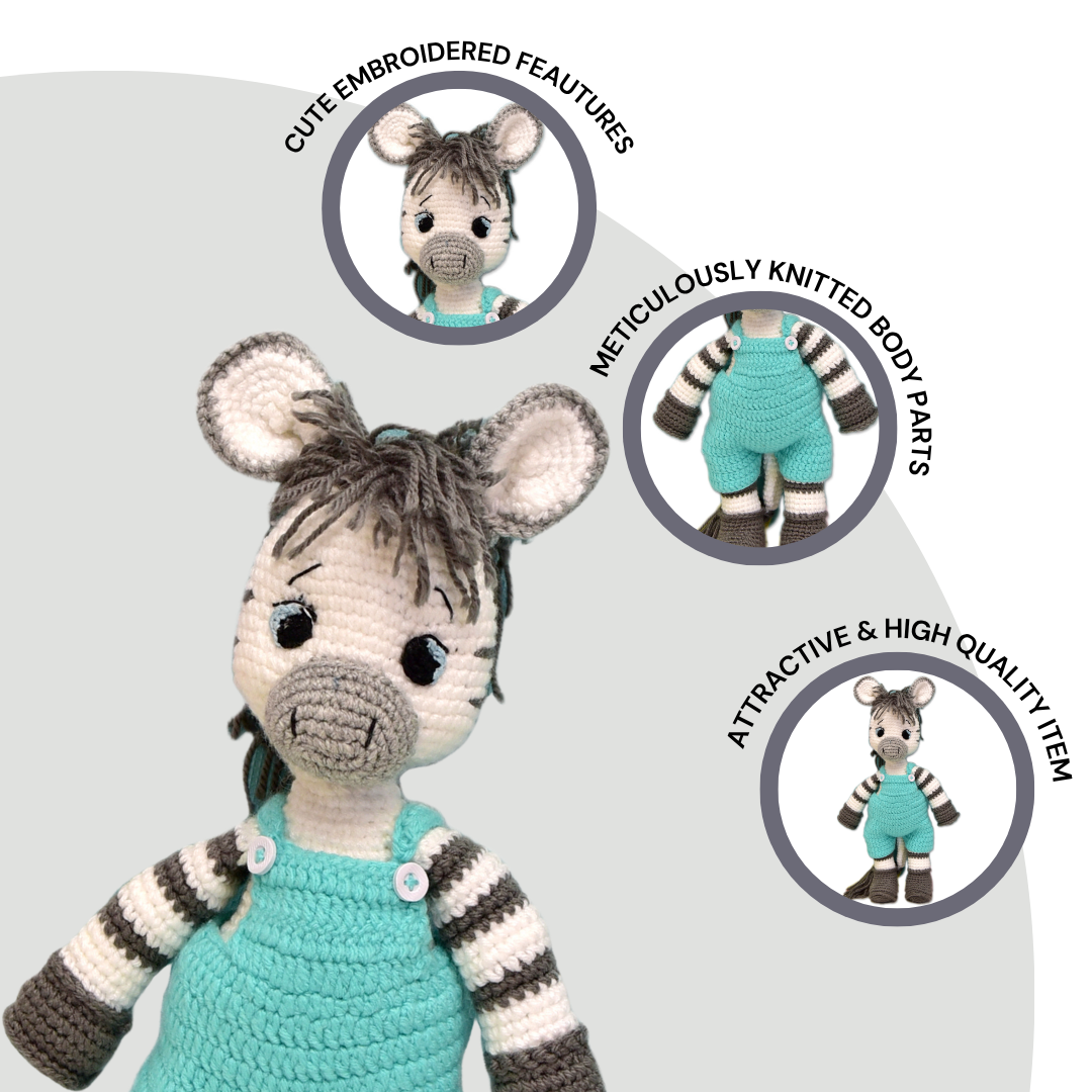 Happy Threads | Albert the Zebra – Handmade Crochet Plush Toy | Soft & Safe Cuddly Companion for Kids
