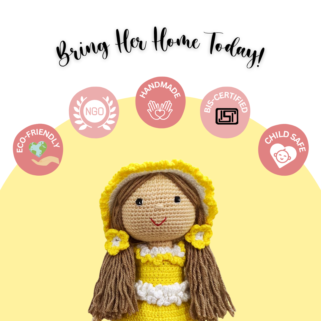 Happy Threads | Sunshine Crochet Doll – 100% Handmade 17" Soft Toy for Kids, Child-Safe Cotton Yarn