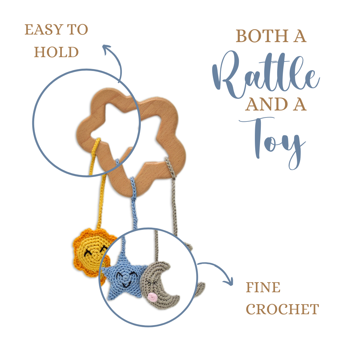Happy Threads | Handmade Crochet Sun, Star & Moon Rattles – Baby Toy Set