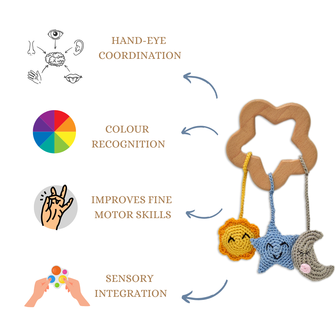 Happy Threads | Handmade Crochet Sun, Star & Moon Rattles – Baby Toy Set
