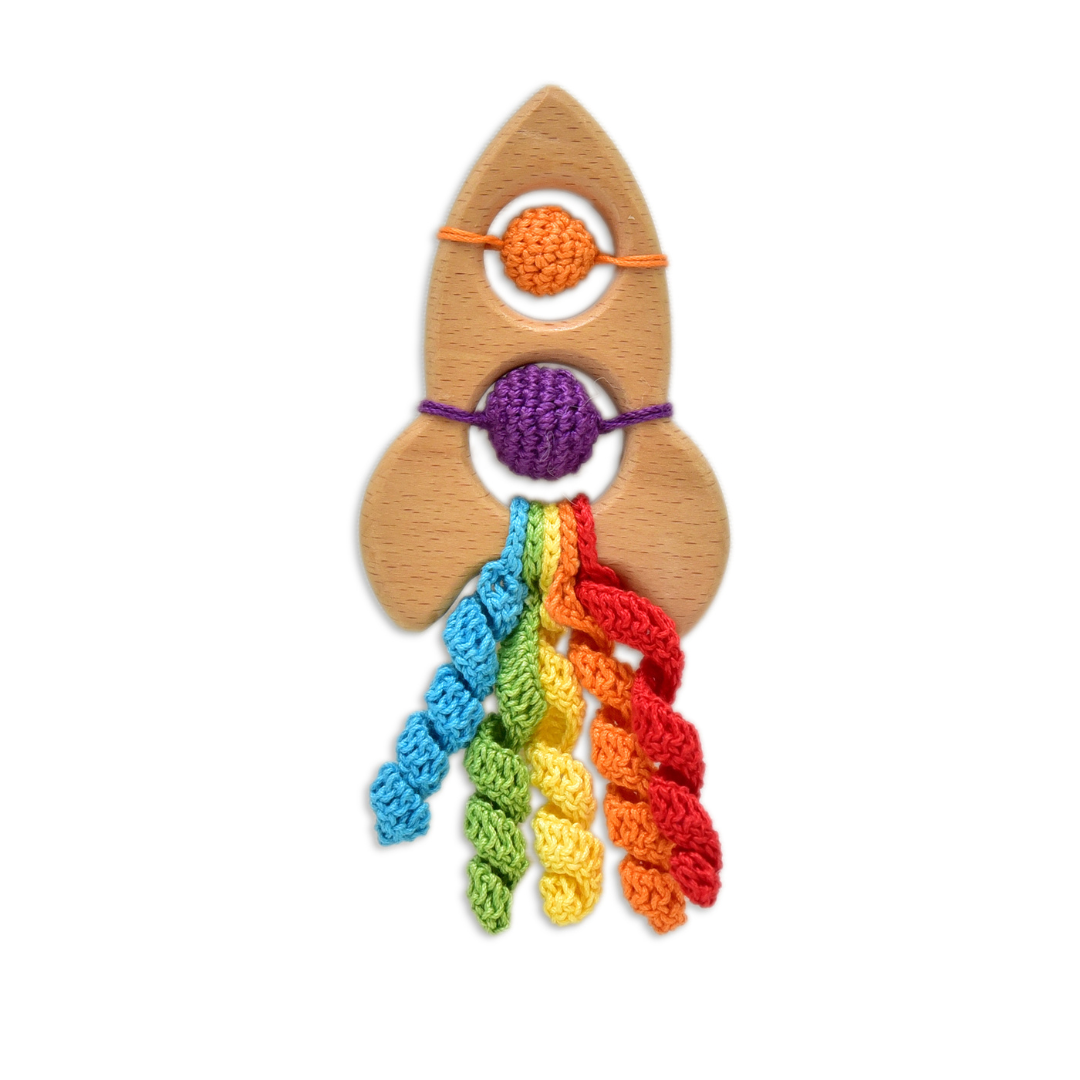 Happy Threads |Handmade Rocket Crochet Toy – Rattle & Teether for Babies