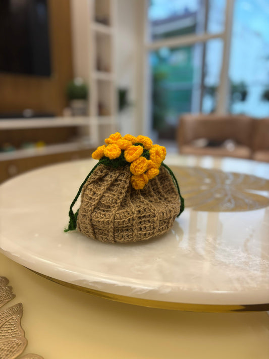 Rose drawstring Crochet mobile bag