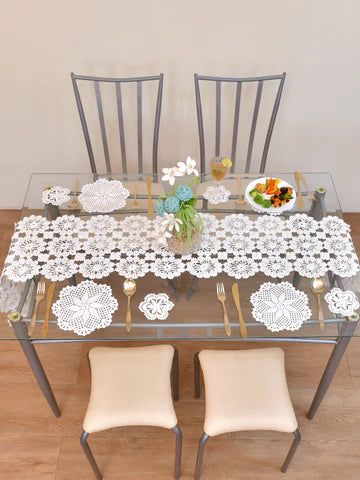 Happy Threads | Handmade Crochet Table Runner 🤍 | Elegant White Home Décor & Table Accent - Hunar Hatti